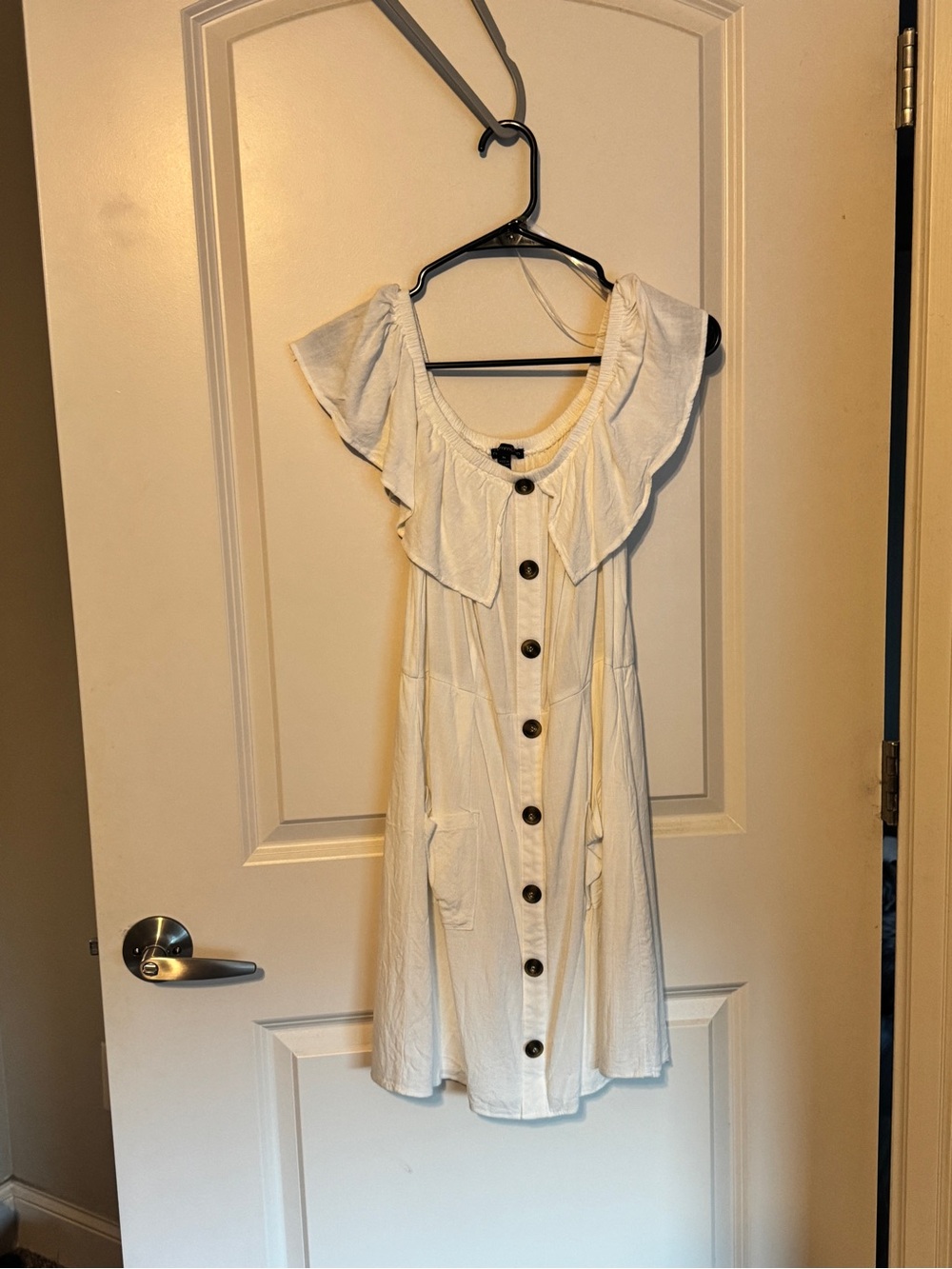 Button-Front White Ruffle Mini Dress - Picture 2 of 5